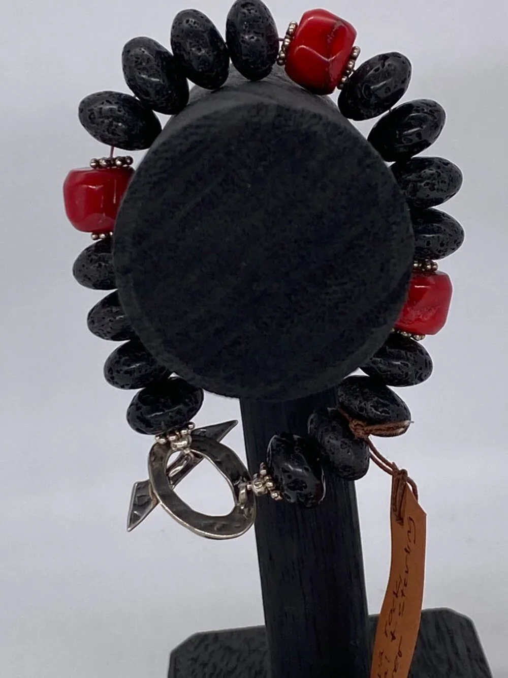 Carol Bradley Bracelet Black Lava Rock Red Coral Sterling Silver 925 Clasp